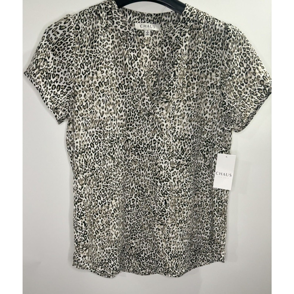 Chaus New York NWT Animal Print Short Sleeve, Split Neck Georgette Blouse SZ S